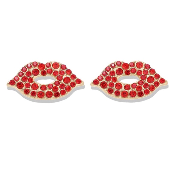 Bahati Jewelry - Gold Red Rhinestone Lips Small Stud Earrings